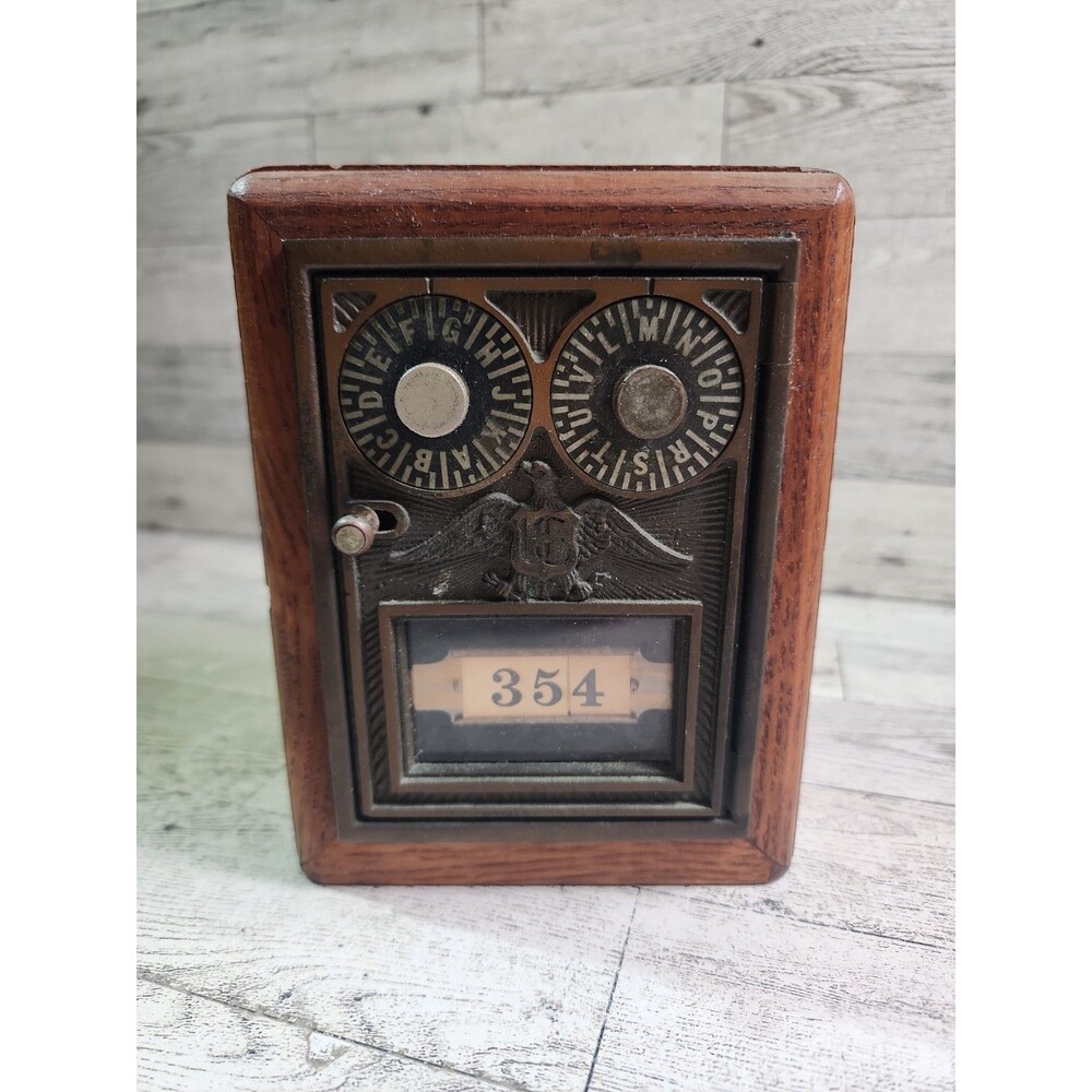 Vintage Brass Post Office Mail Box Wooden Coin Bank Double Dial From Baton Rouge